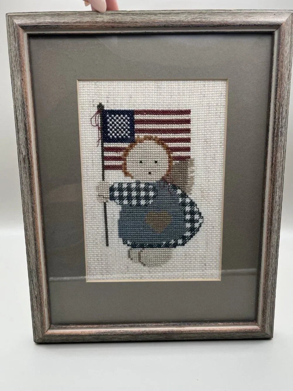 VTG 80s Patriotic Cross Stitch Girl US Flag Framed Cottage Farmhouse Americana